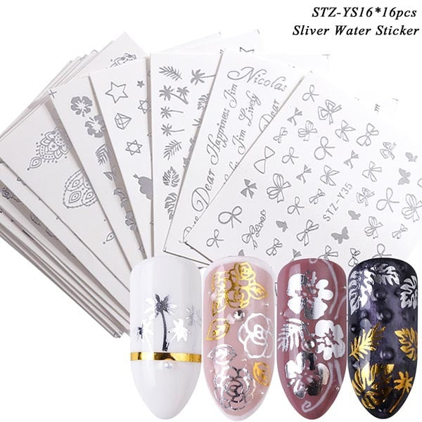 18-50Pcs/Set Mixed Design New Nail Art Sticker Set Black Lace Gold Silver Glitter Flower Water Decal Slider Wraps Decor Manicure Nail Sticker DailyAlertDeals STZ-YS16 (16pcs)  