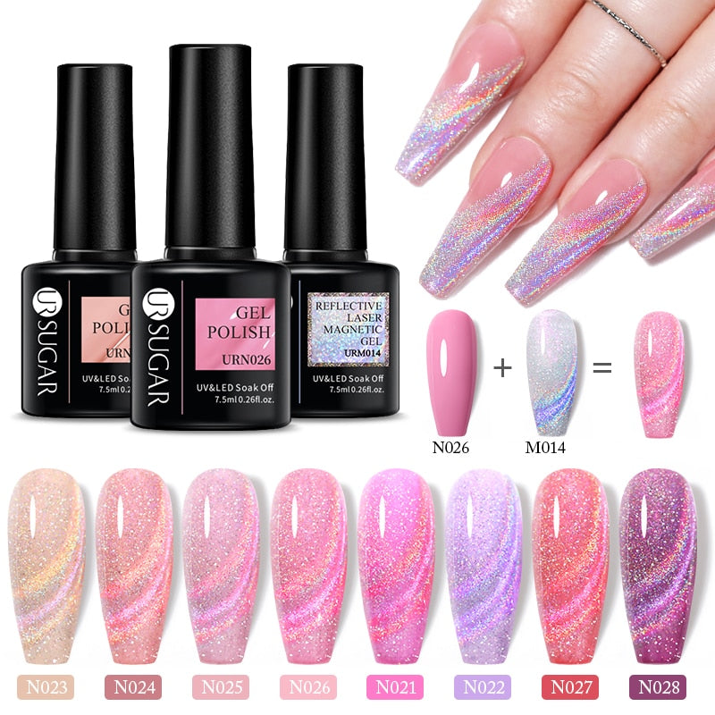 UR SUGAR Holographic Gel Reflective Cat Magnetic Nail Gel Polish Soak Off Laser Gel Glitter Varnish Manicure Nail Art Design Magnetic Nail Gel Polish DailyAlertDeals   