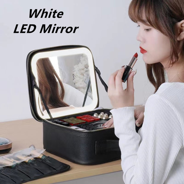Women LED Light Cosmetic Bag 4K Full Screen Mirror Cosmetic Case Luxury PU Large Capacity Portable Travel Makeup Bags for Women Women LED Light Cosmetic Bag DailyAlertDeals LED White China 