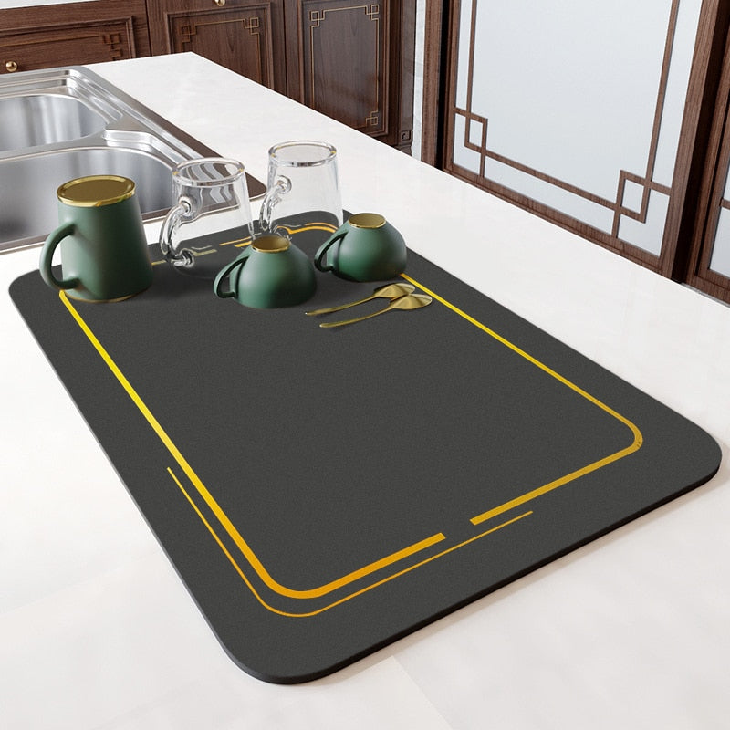 Kitchen Rubber Pad Dish Drying Mat Super Absorbent Drainer Mats Tableware Bottle Rugs Kitchen Dinnerware Placement Rubber pads DailyAlertDeals Black gold line mat W20 x L30CM 