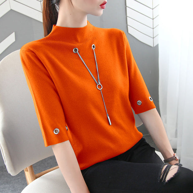 Fashion Causal Sequined Pendant O Neck Half Sleeve T Shirt Women Summer Solid Color Skinny Clothing Simple Free Shipping Tops 0 DailyAlertDeals Orange S 