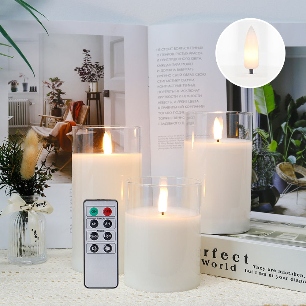 3Pcs Glass Wax Flameless Candles 3D Effect LED Candles White Wax Battery Candles with 8-Key Remote Control Home Decor Candles DailyAlertDeals   