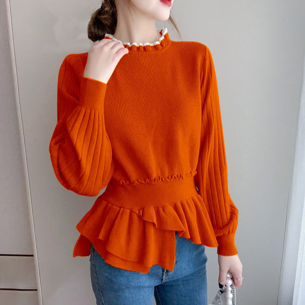 Fashion Ruffles Spliced Knitted Folds Asymmetrical Sweaters Women&#39;s Clothing 2022 Autumn New Loose Casual Pullovers Korean Tops 0 DailyAlertDeals Orange XS 
