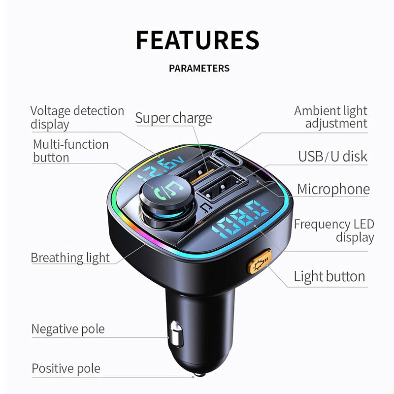 Bluetooth 5.0 FM Transmitter Handsfree Car Radio Modulator MP3 Player With 22.5W USB Super Quick Charge Adapter for Car charging adapters for car DailyAlertDeals   
