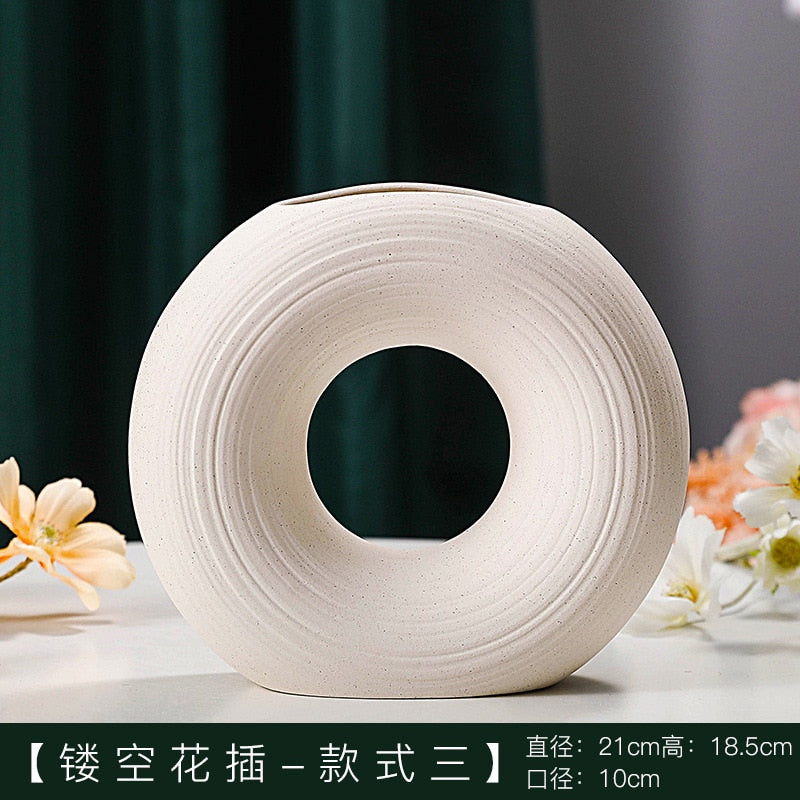 Nordic Modern Ceramic Vases for Decor Circular Hollow Donuts Vases for Flowers Pot Home Living Room Decoration Accessories Interior Office Desktop Decor Gift Vases DailyAlertDeals I  