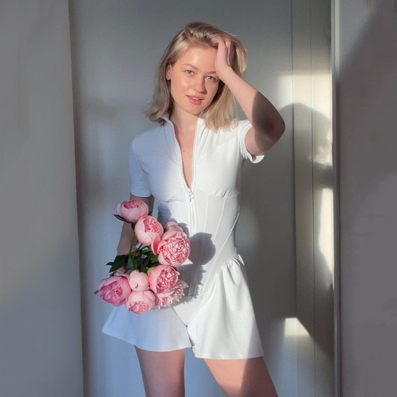 Sexy Bodycon Playsuit Women Jumpsuit O Neck Short Sleeve Zipper Bodysuit Female Elegant Slim Playsuits Rompers Zipper Bodysuit DailyAlertDeals White S 