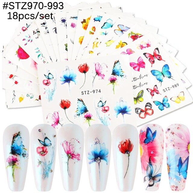 18-50Pcs/Set Mixed Design New Nail Art Sticker Set Black Lace Gold Silver Glitter Flower Water Decal Slider Wraps Decor Manicure Nail Sticker DailyAlertDeals STZ970-993(18pcs)  