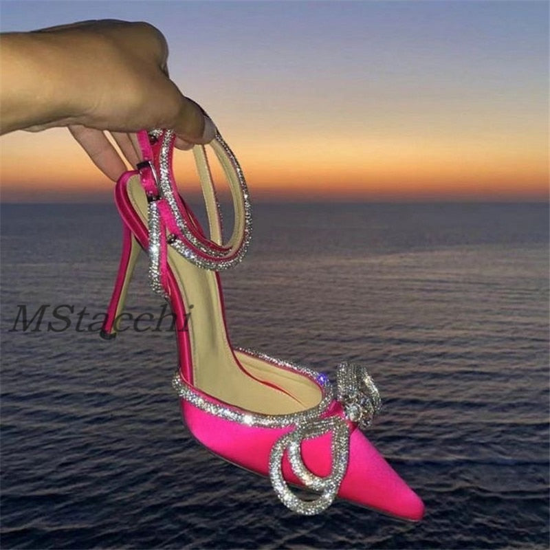 Glitter Rhinestones Women Pumps Crystal Bowknot Satin Sandals 2023 Summer Transparent Shoes High Heels Party Prom Designer Shoes  DailyAlertDeals Rose 35 