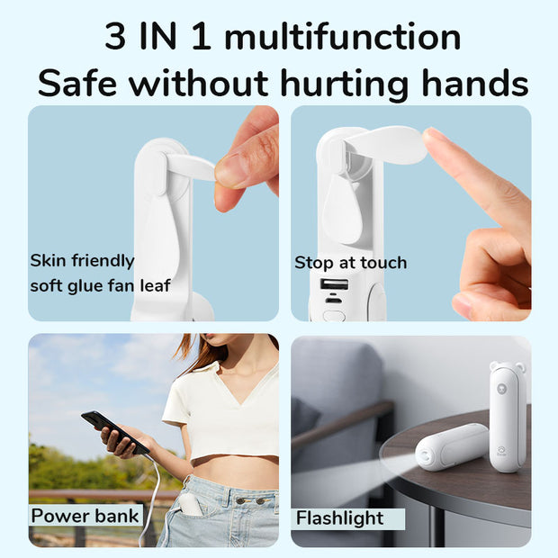 Portable Fan 3 IN 1 Mini Hand held Cooling Fan USB 4800mAh Recharge Small Pocket Fan with Power Bank Flashlight Feature fan portable Wireless Electric fan DailyAlertDeals   