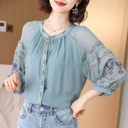 Elegant Embroidery Drawstring Oversized Lantern Sleeve Shirt Summer and Autumn Casual Tops Commute Fashion Woman Blouses 2022 0 DailyAlertDeals   