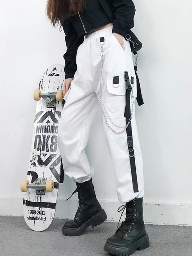 Women Cargo Pants 2021 Harem Pants Fashion Punk Pockets Jogger Trousers With Chain Harajuku Elastics High Waist Streetwear 0 DailyAlertDeals White S 