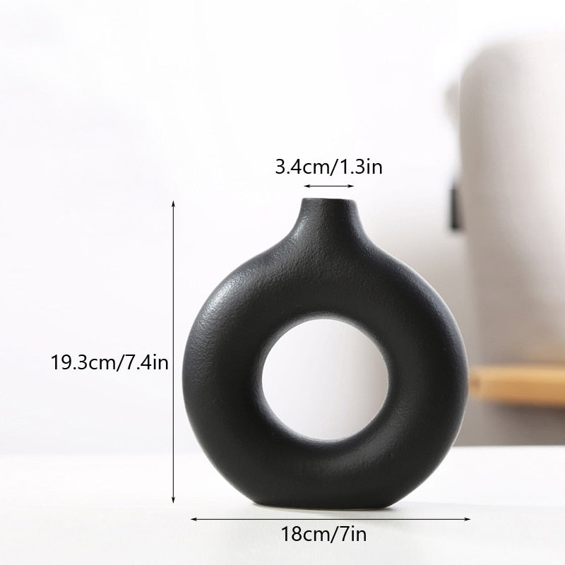 Nordic Modern Ceramic Vases for Decor Circular Hollow Donuts Vases for Flowers Pot Home Living Room Decoration Accessories Interior Office Desktop Decor Gift Vases DailyAlertDeals TTQ-BLACK-M  