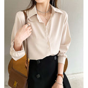 Elegant Fashion Korean White Long Sleeve Covered Button Comfortable Blouses Straight Loose Wild Solid Color Shirt Women Clothing 0 DailyAlertDeals Apricot S 