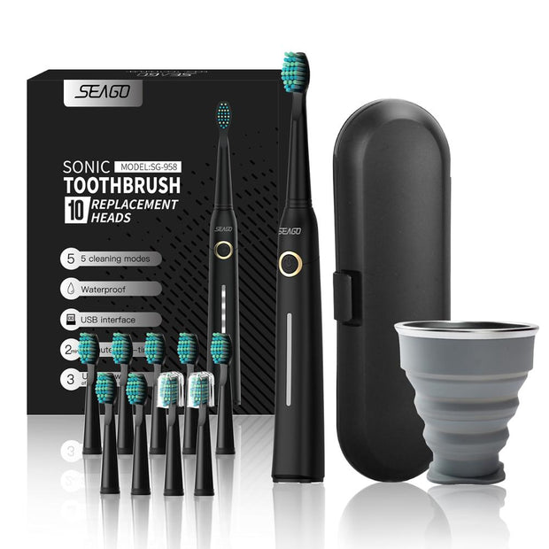 Seago Sonic Electric Toothbrush Tooth brush USB Rechargeable adult Waterproof automatic 5 Mode with Travel case Toothbrushes DailyAlertDeals USA 958hei10st-hezibeizi 