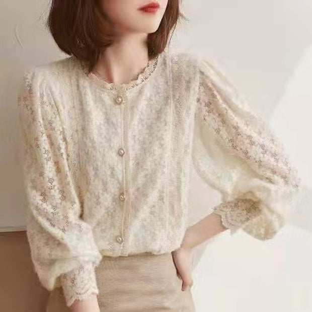 Elegant Lace Crochet Women&#39;s Blouse Sweet Autumn Vintage Flowers Button Shirt O Neck Casual Loose Long Sleeve Blouses Tops 16619 0 DailyAlertDeals Apricot S 
