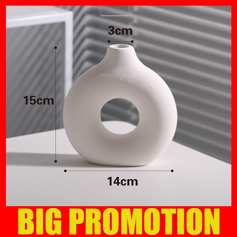Nordic Modern Ceramic Vases for Decor Circular Hollow Donuts Vases for Flowers Pot Home Living Room Decoration Accessories Interior Office Desktop Decor Gift Vases DailyAlertDeals TTQ-WHITE-S  