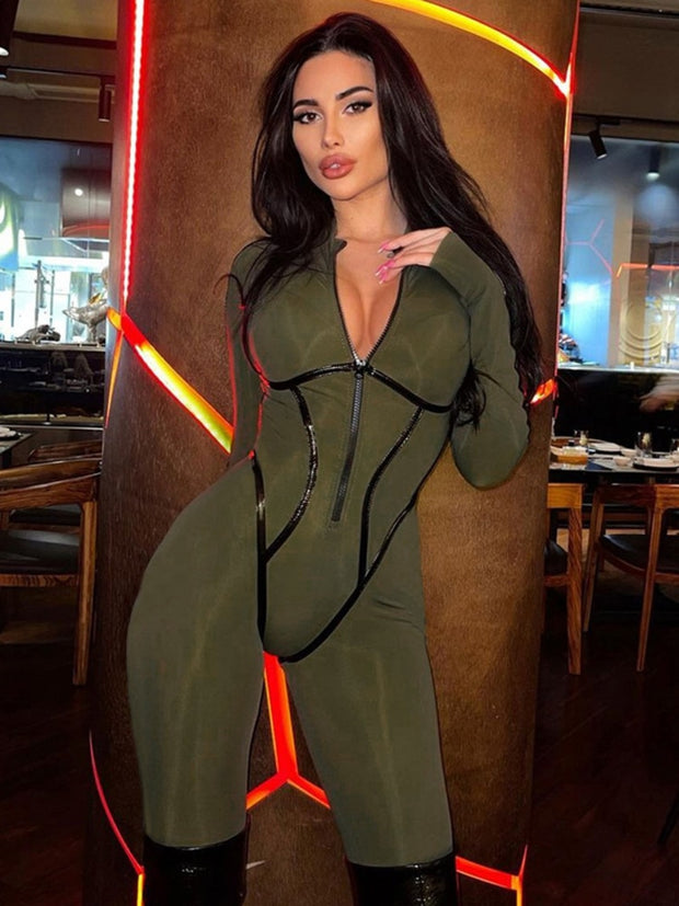 Black Sexy Skinny Jumpsuit Women Overalls O Neck Full Sleeve Zipper Sporty Jumpsuits Ladies Fashion Rompers Streetwear Jumpsuits DailyAlertDeals Green S 