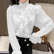 Korean Chic Ruffles Stitching Elegant Blouse Woman Stand Collar Button Chiffon Shirt Long Flare Sleeve Fashion Loose Tops 12946 0 DailyAlertDeals White S 