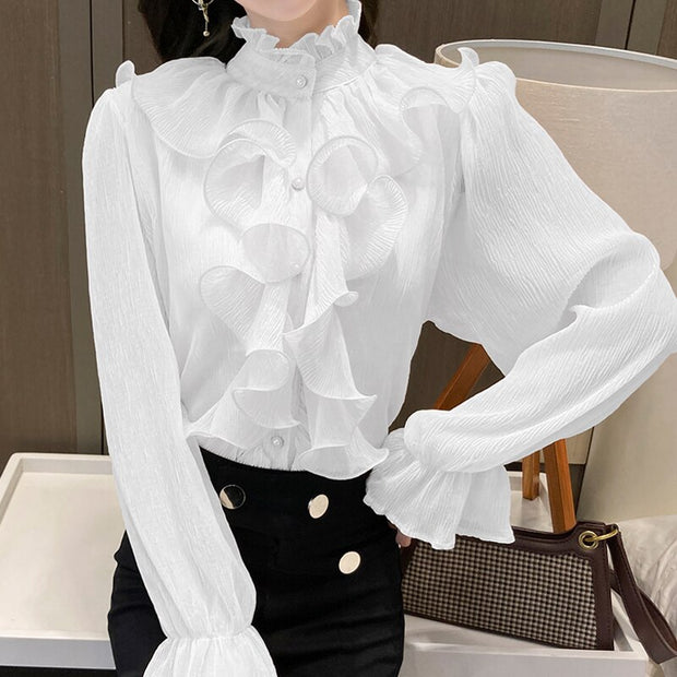 Korean Chic Ruffles Stitching Elegant Blouse Woman Stand Collar Button Chiffon Shirt Long Flare Sleeve Fashion Loose Tops 12946 0 DailyAlertDeals White S 