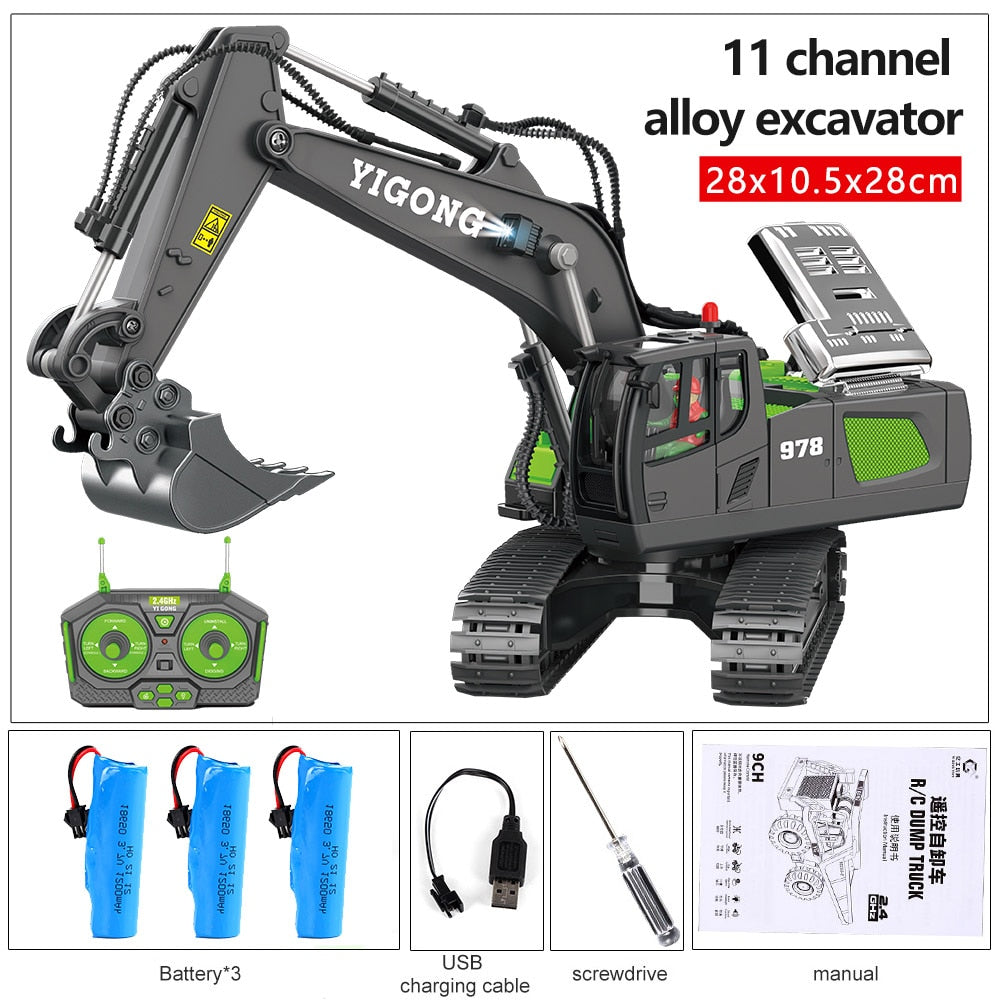2.4G High Tech 11 Channels RC Excavator Dump Trucks Bulldozer Alloy Plastic Engineering Vehicle Electronic Toys For Boy Gifts RC Excavator Dump Trucks Bulldozer toy for children DailyAlertDeals BC1043 Black 3B China 