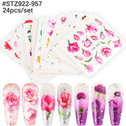 18-50Pcs/Set Mixed Design New Nail Art Sticker Set Black Lace Gold Silver Glitter Flower Water Decal Slider Wraps Decor Manicure Nail Sticker DailyAlertDeals STZ922-957(24pcs)  
