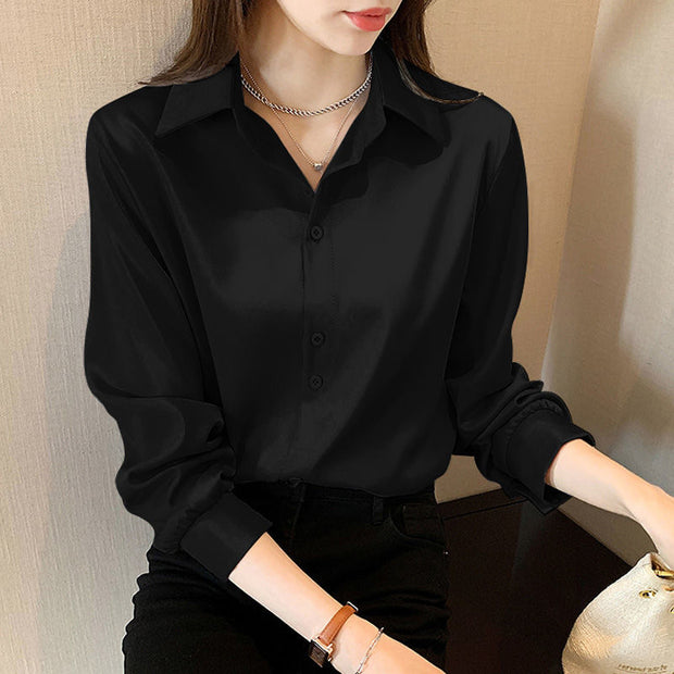 Elegant Fashion Korean White Long Sleeve Covered Button Comfortable Blouses Straight Loose Wild Solid Color Shirt Women Clothing 0 DailyAlertDeals   