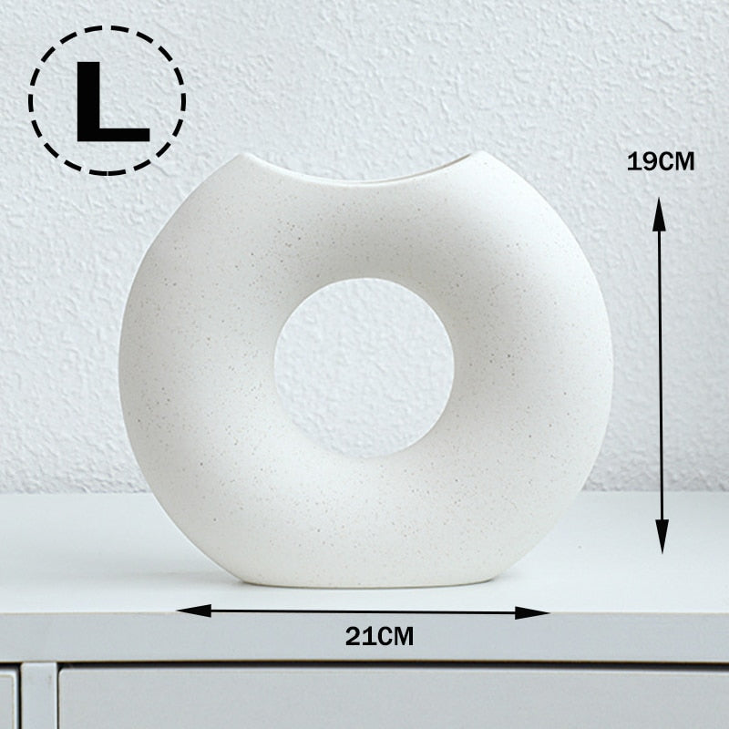 Nordic Modern Ceramic Vases for Decor Circular Hollow Donuts Vases for Flowers Pot Home Living Room Decoration Accessories Interior Office Desktop Decor Gift Vases DailyAlertDeals L- ban yue Bai  