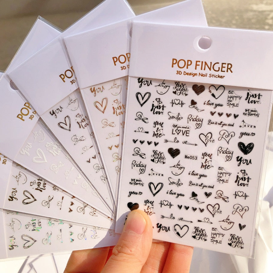 The New Heart Love Design Gold Sliver 3D Nail Art Sticker English Letter French Striping Lines Trasnfer Sliders Valentine Decor Nail Stickers DailyAlertDeals   