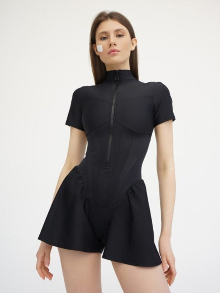 Sexy Bodycon Playsuit Women Jumpsuit O Neck Short Sleeve Zipper Bodysuit Female Elegant Slim Playsuits Rompers Zipper Bodysuit DailyAlertDeals   