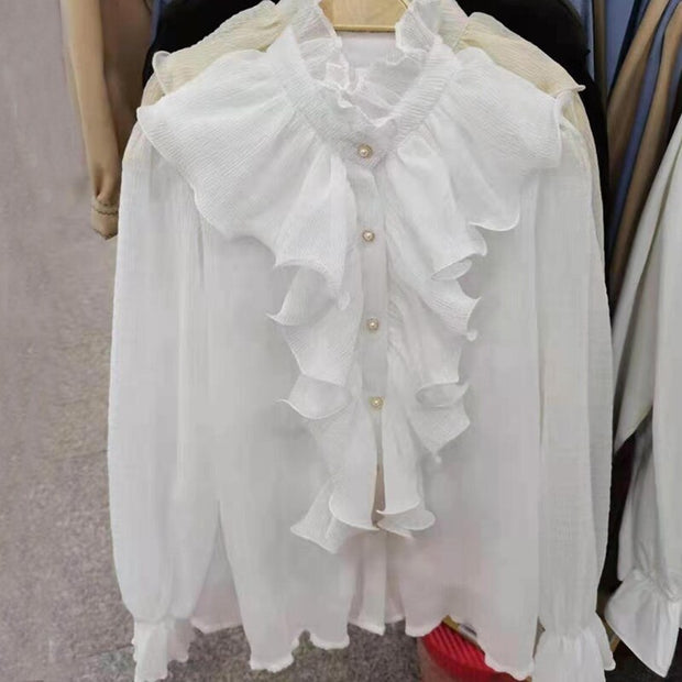 Korean Chic Ruffles Stitching Elegant Blouse Woman Stand Collar Button Chiffon Shirt Long Flare Sleeve Fashion Loose Tops 12946 0 DailyAlertDeals   