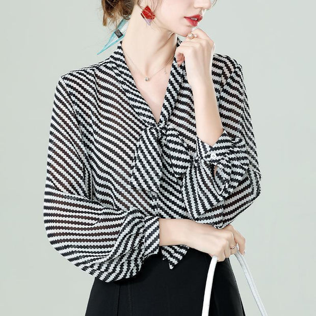 Chiffon Thin Bow V-neck Striped Print Long Sleeve Blouses Pullover Loose Casual Shirts Fashion Popularity Wild Women&#39;s Clothing 0 DailyAlertDeals   