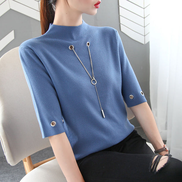 Fashion Causal Sequined Pendant O Neck Half Sleeve T Shirt Women Summer Solid Color Skinny Clothing Simple Free Shipping Tops 0 DailyAlertDeals Blue S 