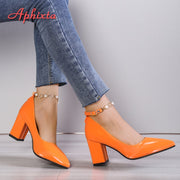 Aphixta 2023 New Luxury Rhinestone Pearl Chain 7cm Chunky Heels Pumps Women Shoes String Bead Pointed Toe Bling Crystals Pumps shoes DailyAlertDeals   