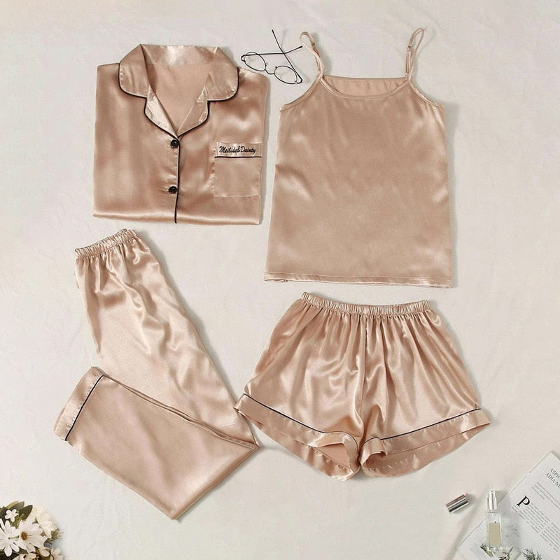 Sleepwear Female 5/4/2PCS Pajamas Set Sexy Satin Wedding Nightwear Rayon Home Wear Nighty Robe Suit  DailyAlertDeals 4PCS Champagne2 S 