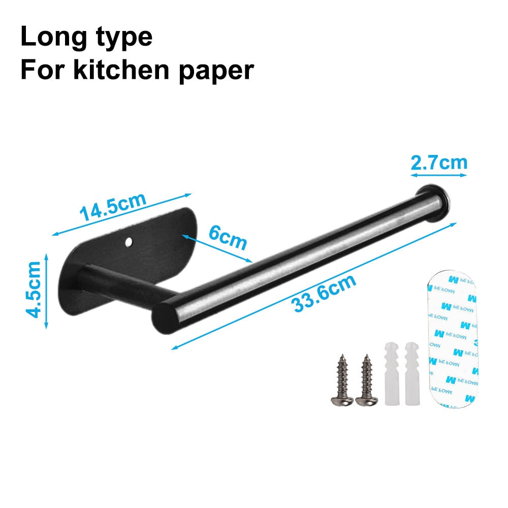 Punch-free Paper Towel Holder Stainless Steel Kitchen Under Cabinet Roll Rack Gold Black Bathroom Wall-mounted Tissue Hanger Facial Tissue Holders DailyAlertDeals Lengthened black  