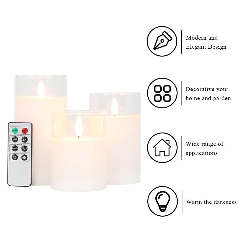 3Pcs Glass Wax Flameless Candles 3D Effect LED Candles White Wax Battery Candles with 8-Key Remote Control Home Decor Candles DailyAlertDeals   
