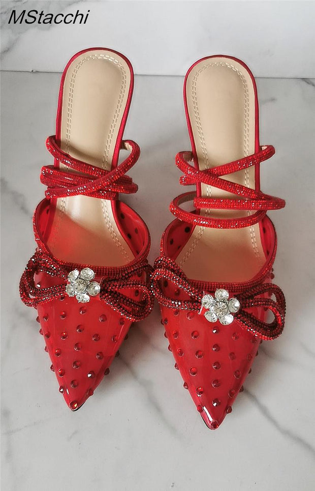 Glitter Rhinestones Women Pumps Crystal Bowknot Satin Sandals 2023 Summer Transparent Shoes High Heels Party Prom Designer Shoes  DailyAlertDeals Red 35 