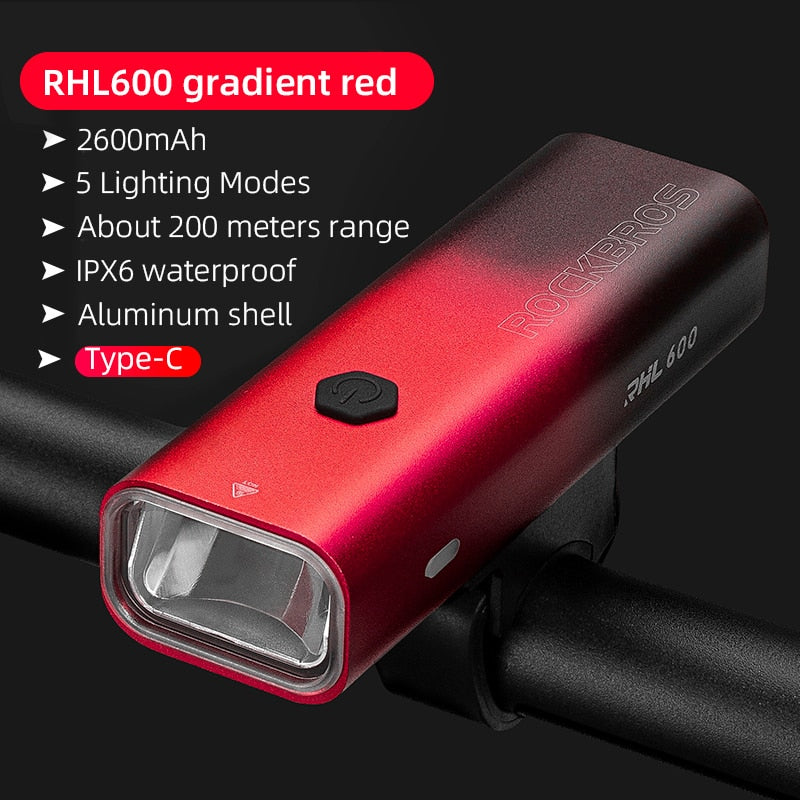 ROCKBROS Bike Light Rainproof Type-C Charging LED 2000mAh MTB Front Lamp Headlight Aluminum Ultralight Flashlight Bicycle Light USB Charging LED Flashlight for Bicycle DailyAlertDeals RHL600 red Type-C China 