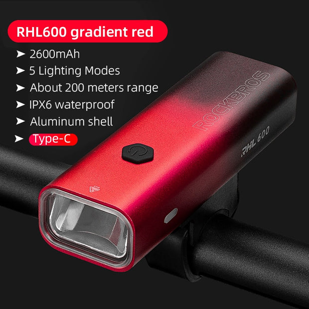 ROCKBROS Bike Light Rainproof Type-C Charging LED 2000mAh MTB Front Lamp Headlight Aluminum Ultralight Flashlight Bicycle Light USB Charging LED Flashlight for Bicycle DailyAlertDeals RHL600 red Type-C China 