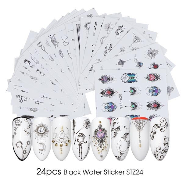 18-50Pcs/Set Mixed Design New Nail Art Sticker Set Black Lace Gold Silver Glitter Flower Water Decal Slider Wraps Decor Manicure Nail Sticker DailyAlertDeals STZ(black)(24pcs)  