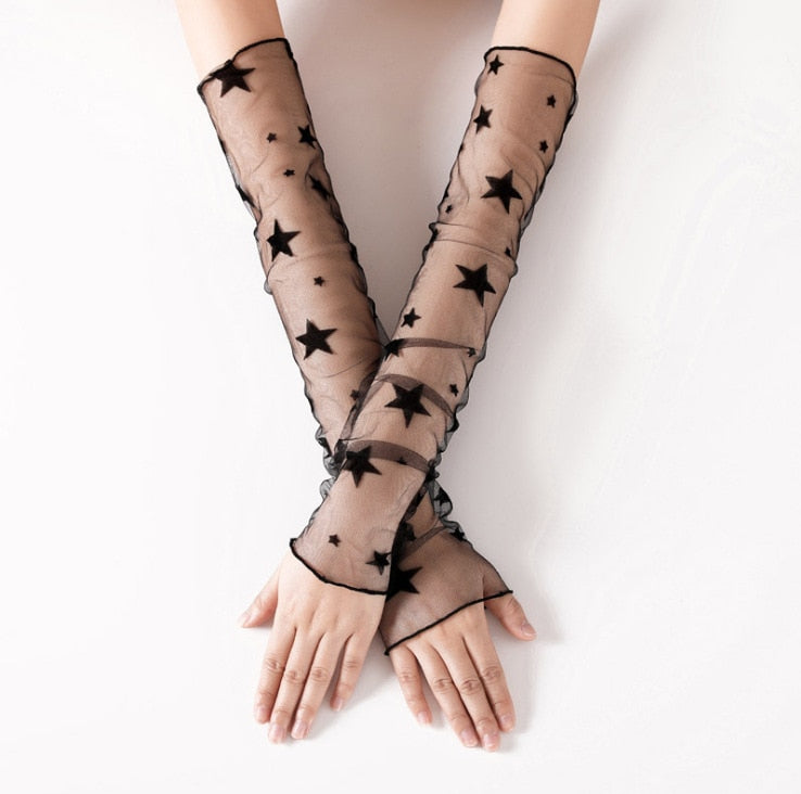 Black Punk long Fingerless Gloves Cuff Women Men Ninja Sport Outdoor Hip-hop GlovesElbow Mittens Cool Stretch winter Arm Warmer Gloves DailyAlertDeals Star One Size 