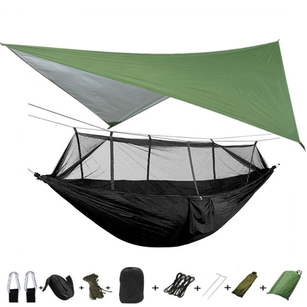 Lightweight Portable Camping Hammock and Tent Awning Rain Fly Tarp Waterproof Mosquito Net Hammock Canopy 210T Nylon Hammocks Camping Hammock and Tent DailyAlertDeals Green and black  