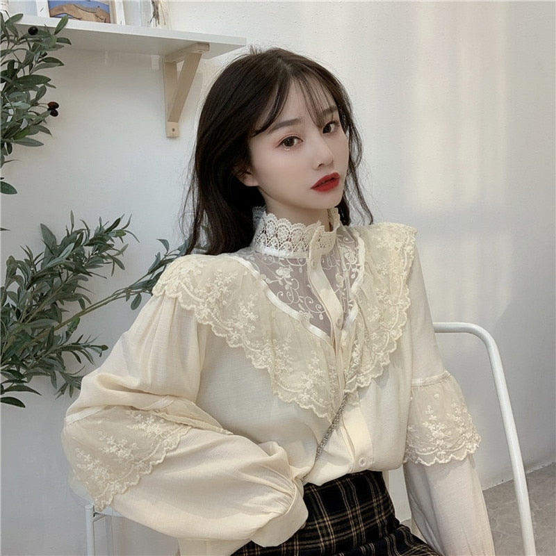Autumn Korean Sweet Loose Clothes Lace Up Ruffled Women Blouses Fashion Stand Collat Ladies Tops Vintage Lace Shirts Women 11335 0 DailyAlertDeals   