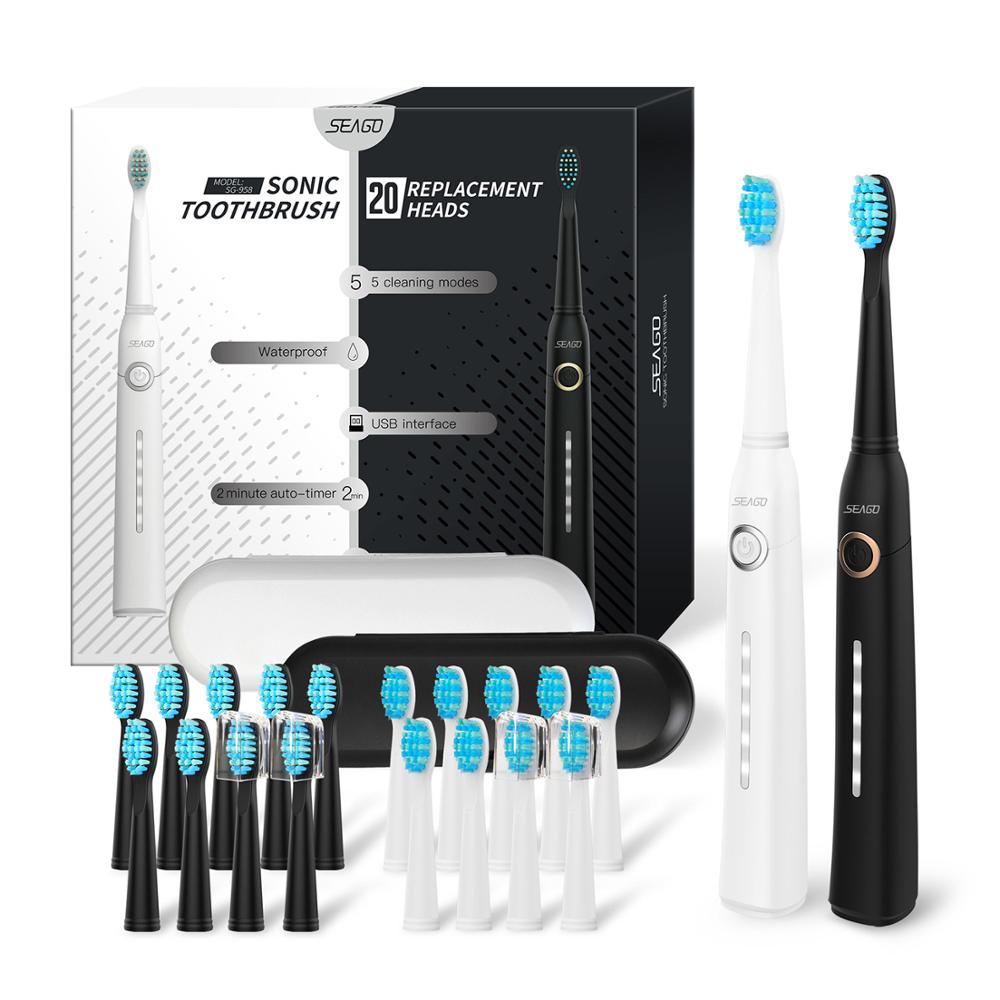 Seago Sonic Electric Toothbrush Tooth brush USB Rechargeable adult Waterproof automatic 5 Mode with Travel case Toothbrushes DailyAlertDeals USA 958Heibai-20st-2hezi 