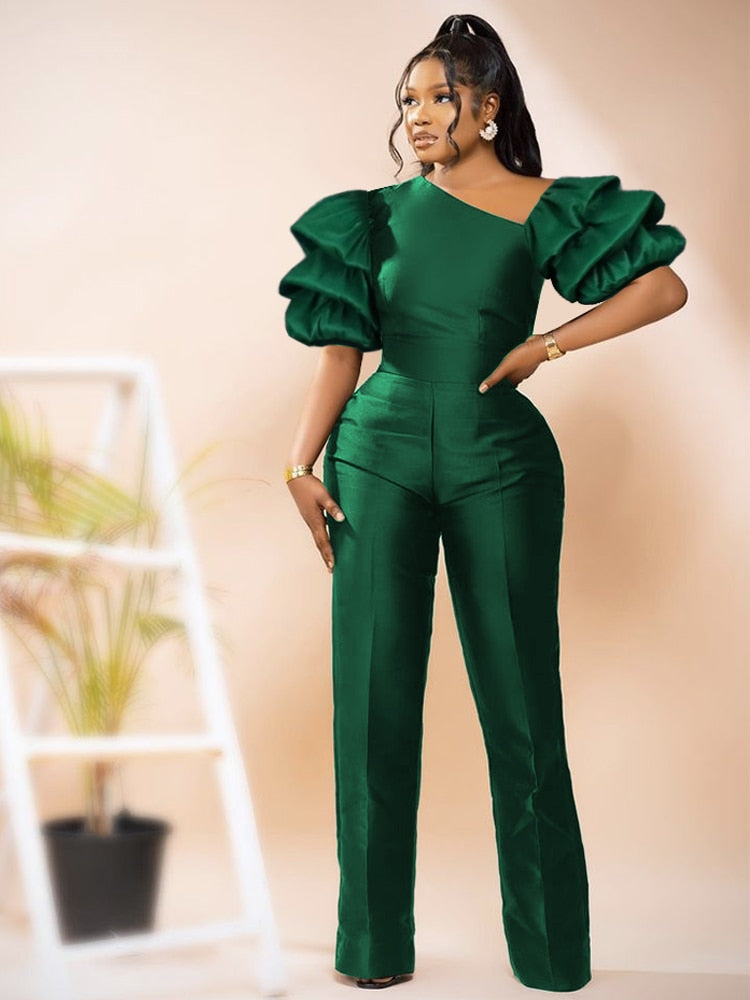 Women Jumpsuits Shiny Skew Collar Puff Sleeves High Waist One Piece Slim Elegant Office Ladies Summer Fashion Party Elegant New High Waist One Piece Slim Elegant Suit for women DailyAlertDeals Green S 
