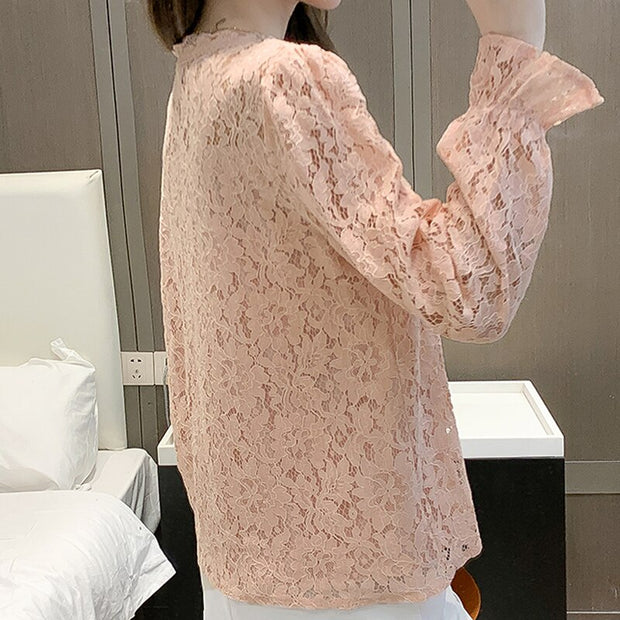 Fashion New Elegant Lace Shirt Women Long Sleeve White Blouse Women Slim Hollow Out Stand Collar Blouses Tops Woman Blusas 17246 0 DailyAlertDeals   