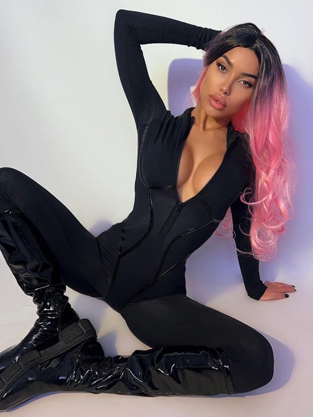 Black Sexy Skinny Jumpsuit Women Overalls O Neck Full Sleeve Zipper Sporty Jumpsuits Ladies Fashion Rompers Streetwear Jumpsuits DailyAlertDeals   