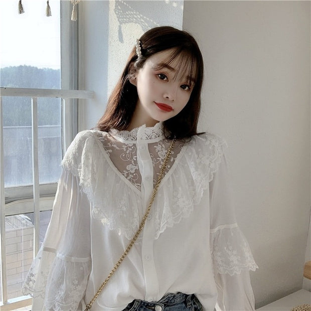 Autumn Korean Sweet Loose Clothes Lace Up Ruffled Women Blouses Fashion Stand Collat Ladies Tops Vintage Lace Shirts Women 11335 0 DailyAlertDeals   