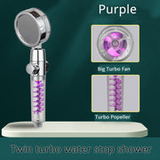 Strong Pressurization Spray Nozzle Water Saving  Rainfall 360 Degrees Rotating With Small Fan Washable Hand-held Shower Head Hand Shower DailyAlertDeals double turbo purple  