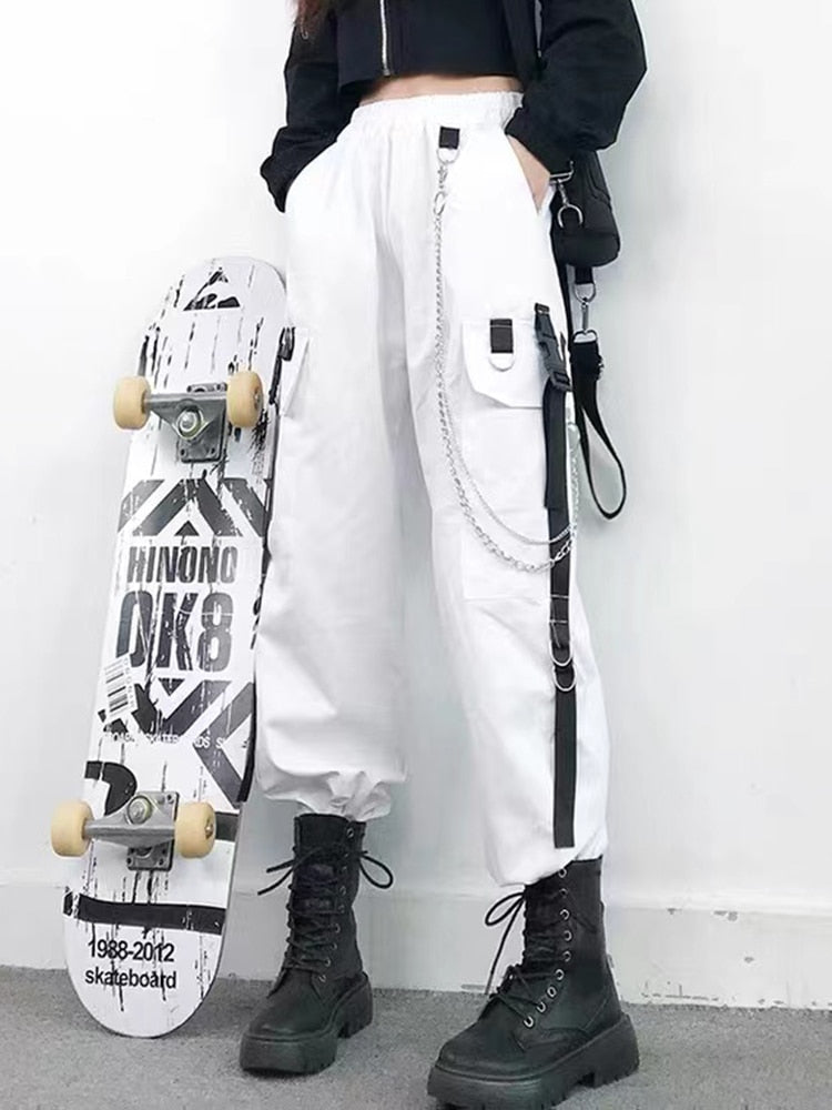 Women Cargo Pants 2021 Harem Pants Fashion Punk Pockets Jogger Trousers With Chain Harajuku Elastics High Waist Streetwear 0 DailyAlertDeals   
